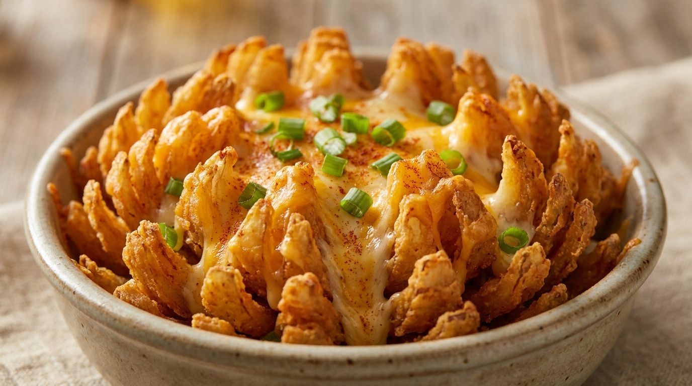 Golden blooming onion in a bowl, garnished with green herbs on a wooden table