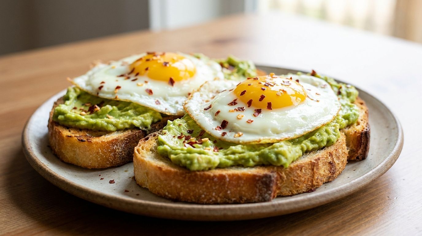Avocado toast topped with two fried eggs and chili flakes on a plate