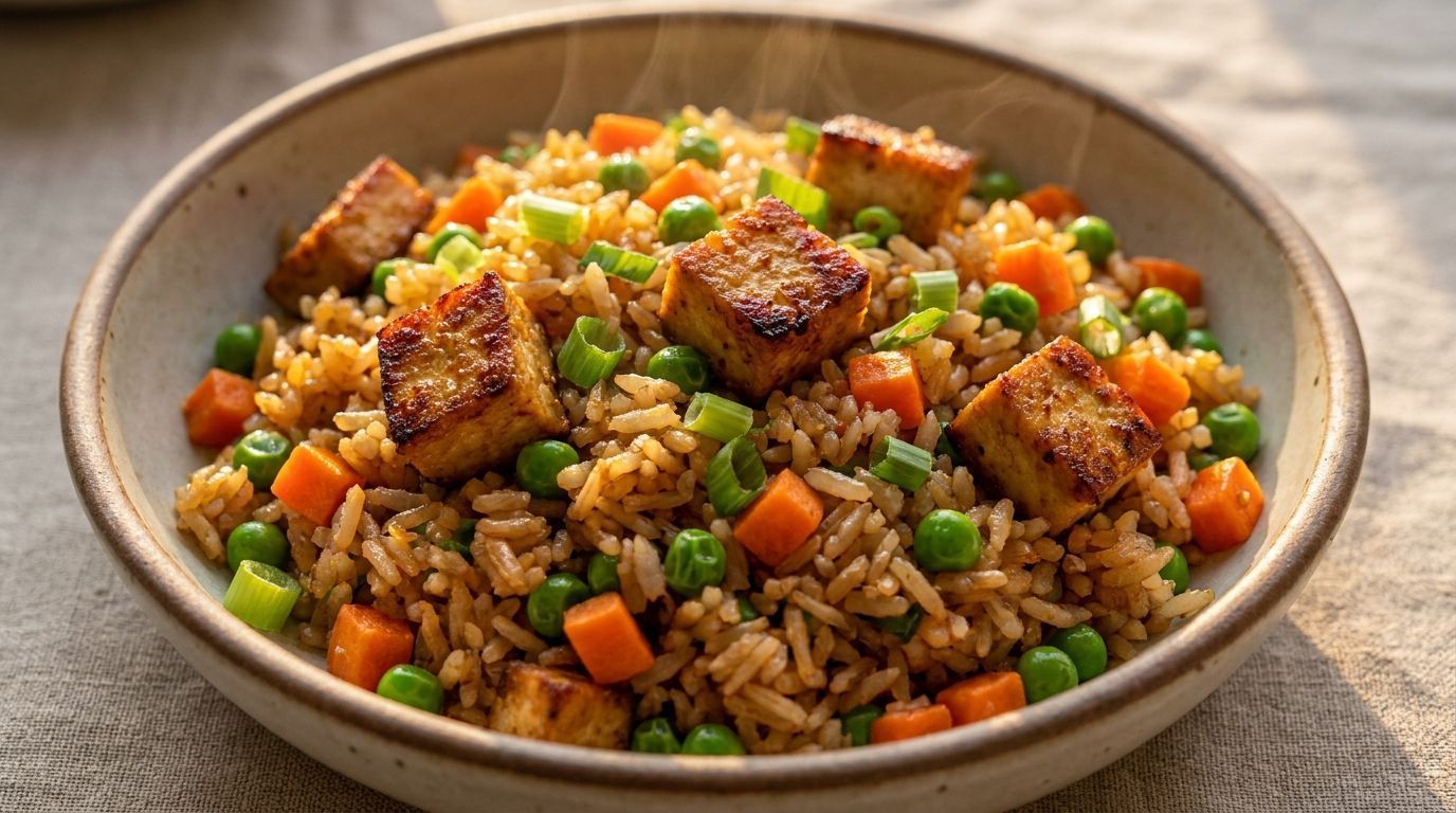 Bowl of vegetable fried rice topped with crispy tofu cubes