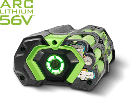 an ego arc lithium 56v battery with a green power button