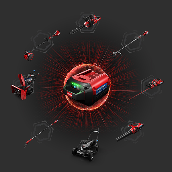 a circle of lawn mower , snow blower , and other tools surrounding a battery .