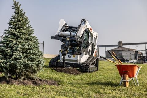 A bobcat is planting a tree in a field next to a wheelbarrow.