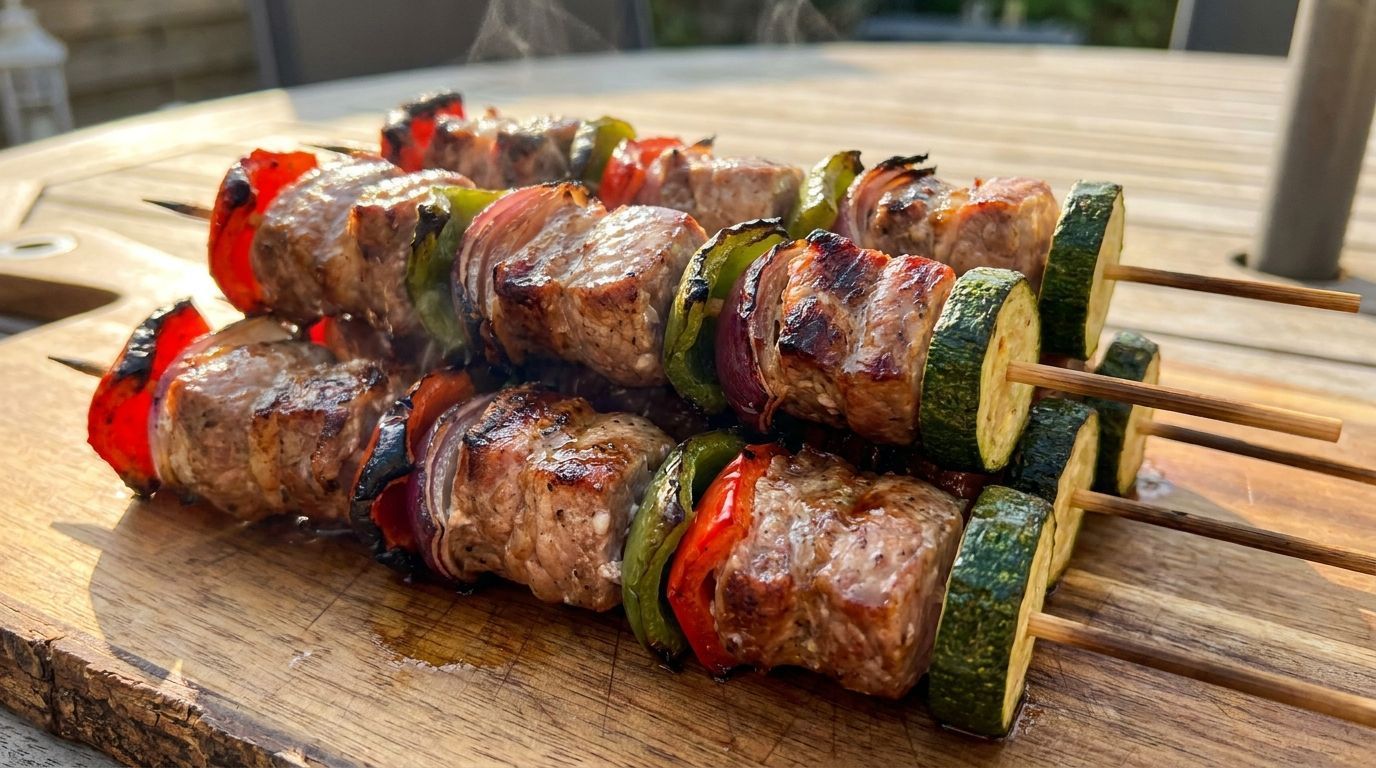 Grilled vegetable and meat skewers on a wooden board, with red peppers and zucchini.