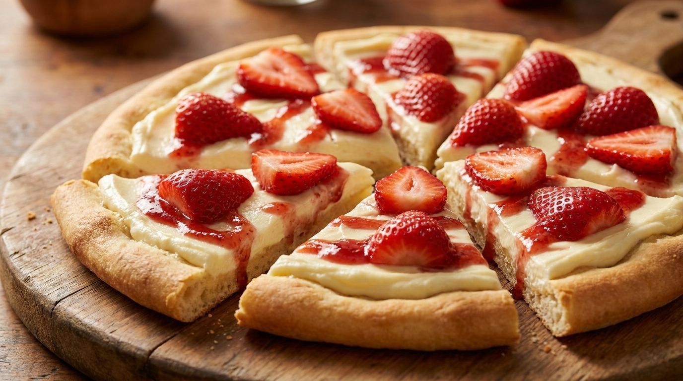 Strawberry-topped dessert pizza on a wooden board, sliced into wedges and drizzled with white sauce