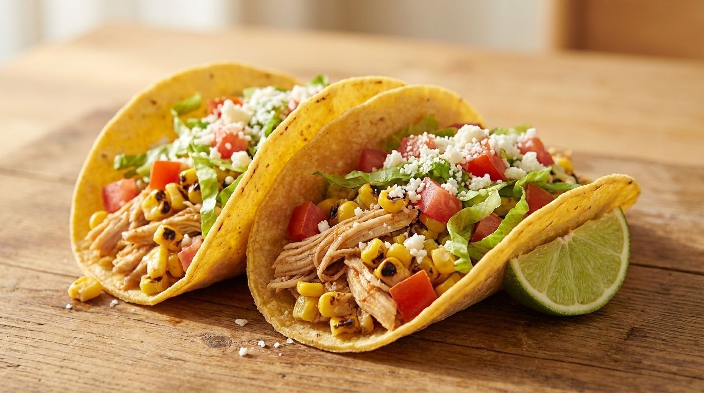 Two beef tacos topped with lettuce, tomato, cheese, and lime on a wooden table