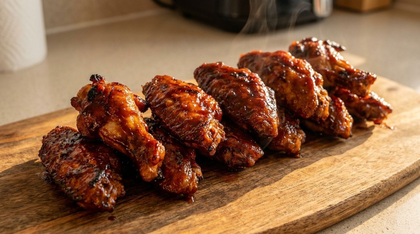 Glazed chicken wings stacked on a wooden board in warm light.
