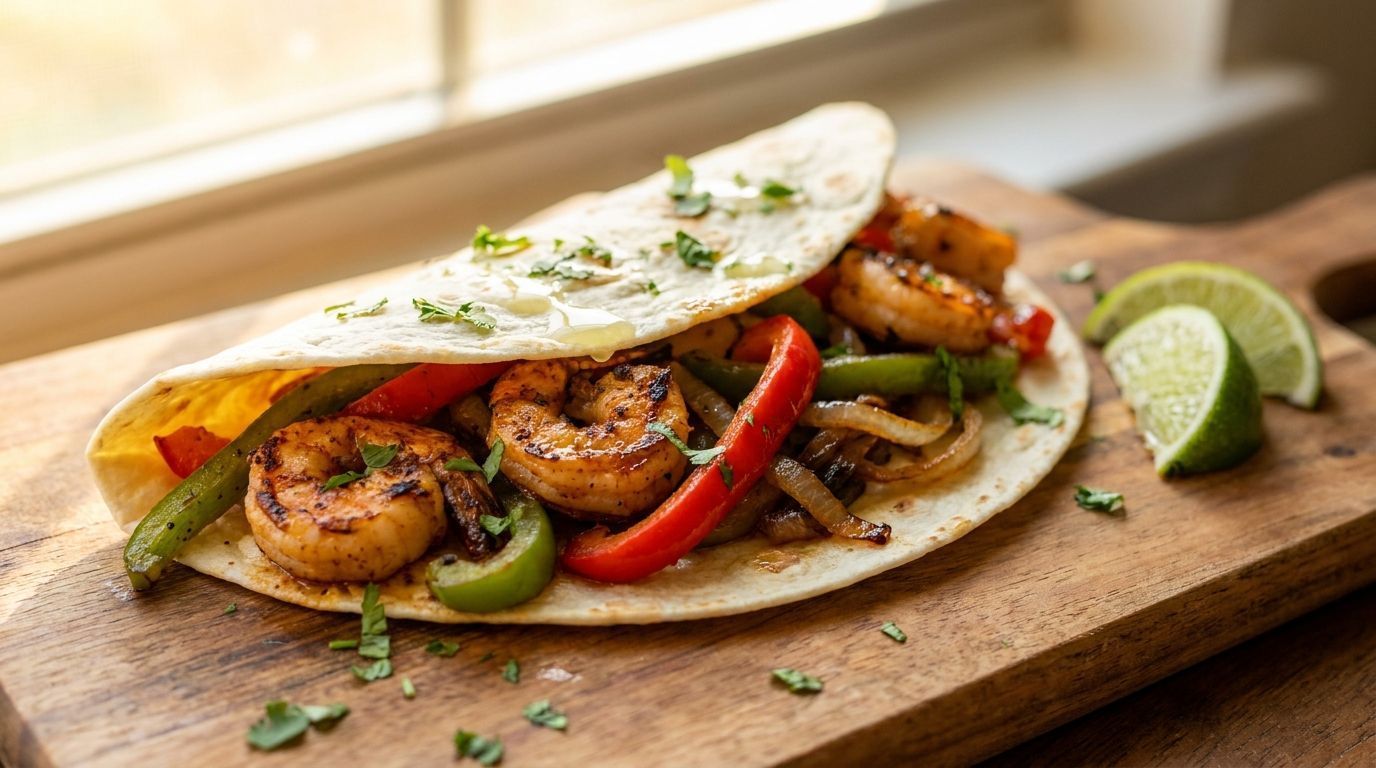 Grilled shrimp and peppers in a tortilla on a wooden board with lime wedges, beside a window
