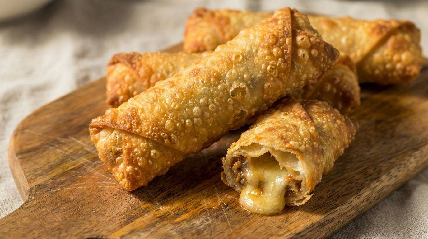 Golden fried cheese-filled spring rolls on a wooden board, one broken open with melted cheese spilling out