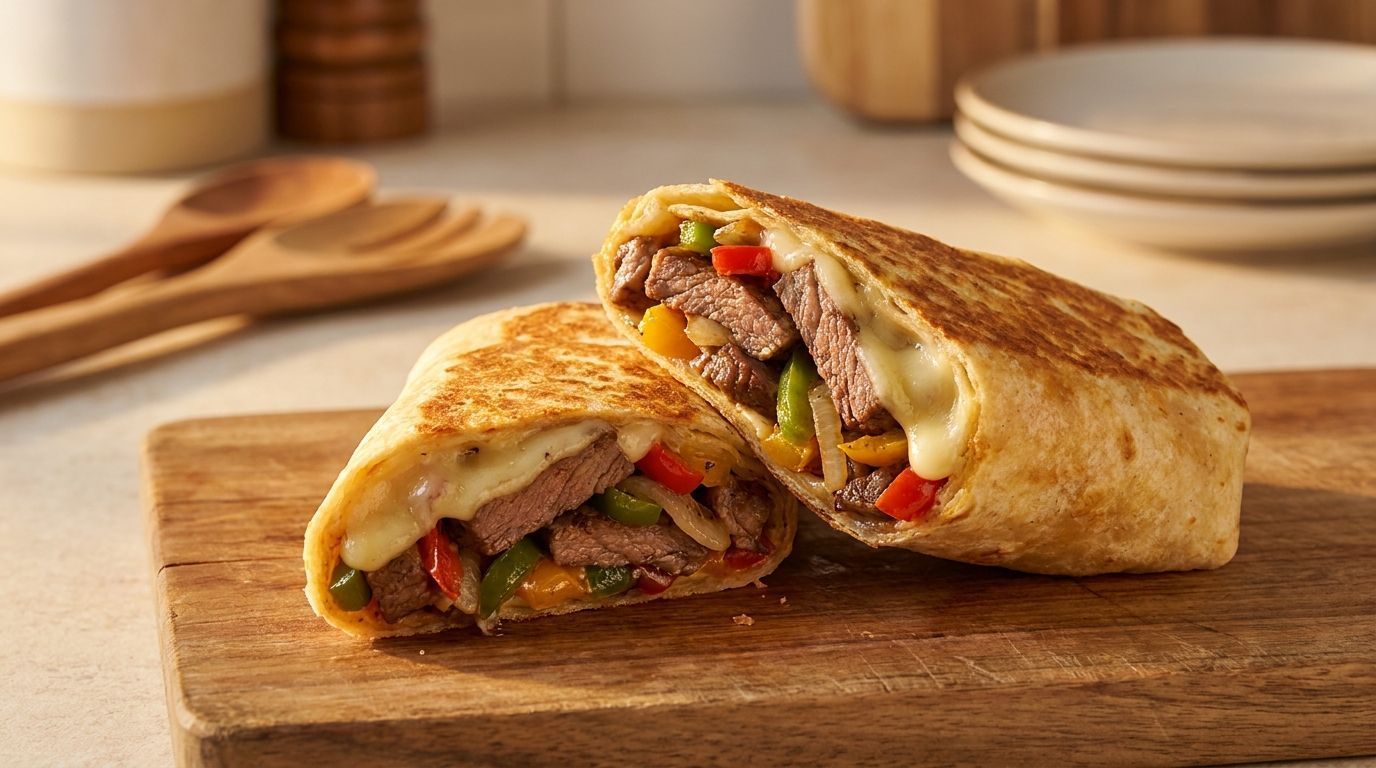 Grilled wrap sandwich cut in half on a wooden board, with visible vegetables and meat filling