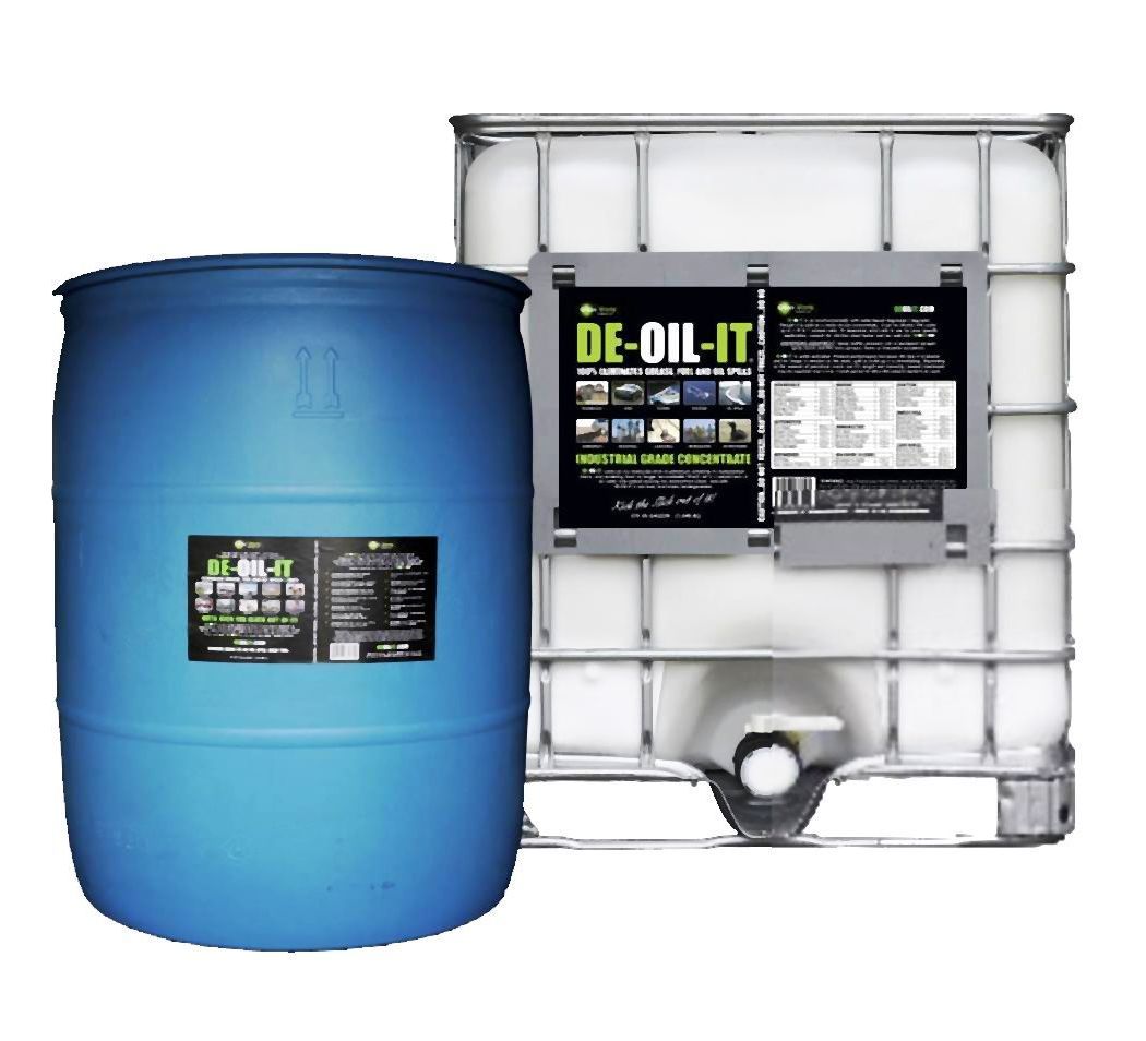 A blue barrel next to a white barrel that says de-oil-it