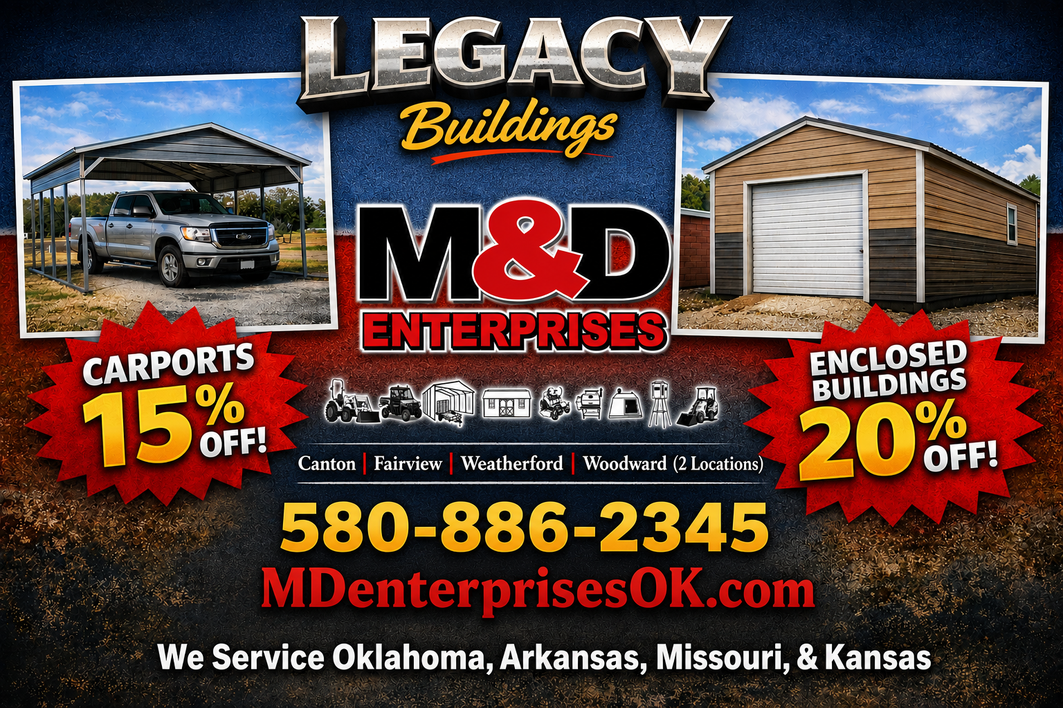 An advertisement for legacy buildings at M&D Enterprises