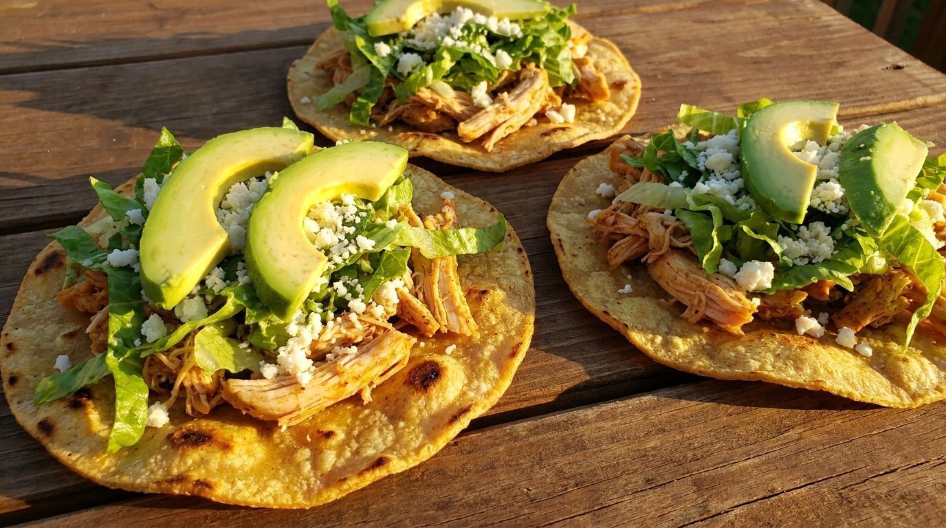 Three tostadas topped with avocado slices, greens, and crumbled cheese on a wooden table.