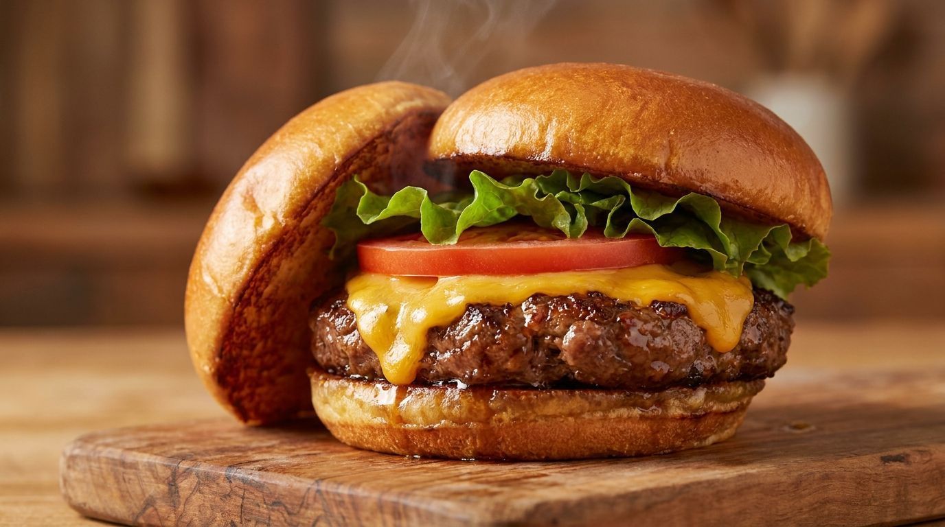Close-up of a cheeseburger with lettuce and tomato on a wooden board