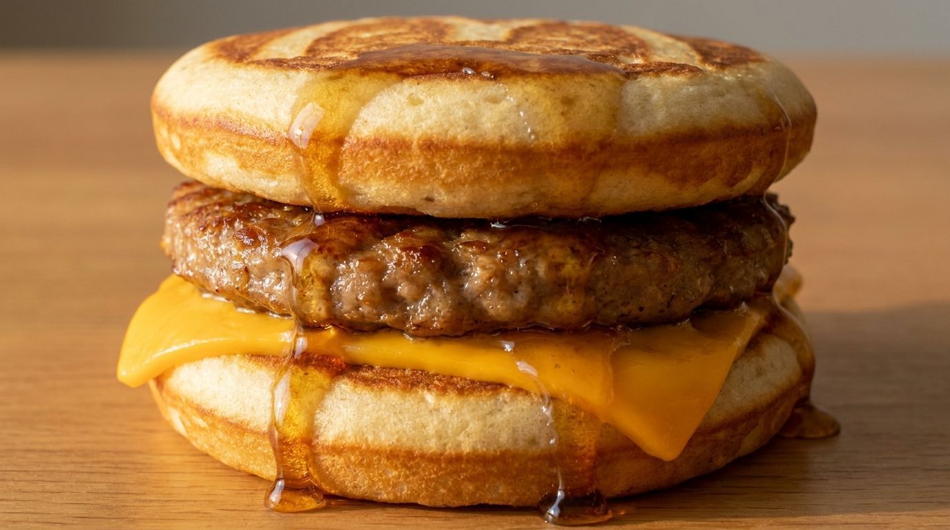 Stacked breakfast sandwich with egg, sausage, and melted cheddar on an English muffin