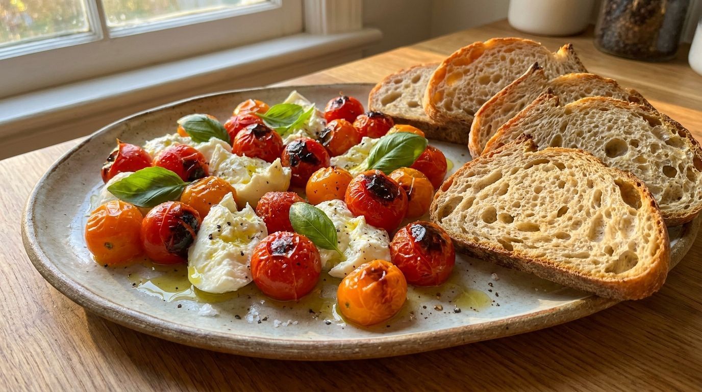 Bruschetta-style tomato, mozzarella, and basil on a plate with sliced bread by a sunny window