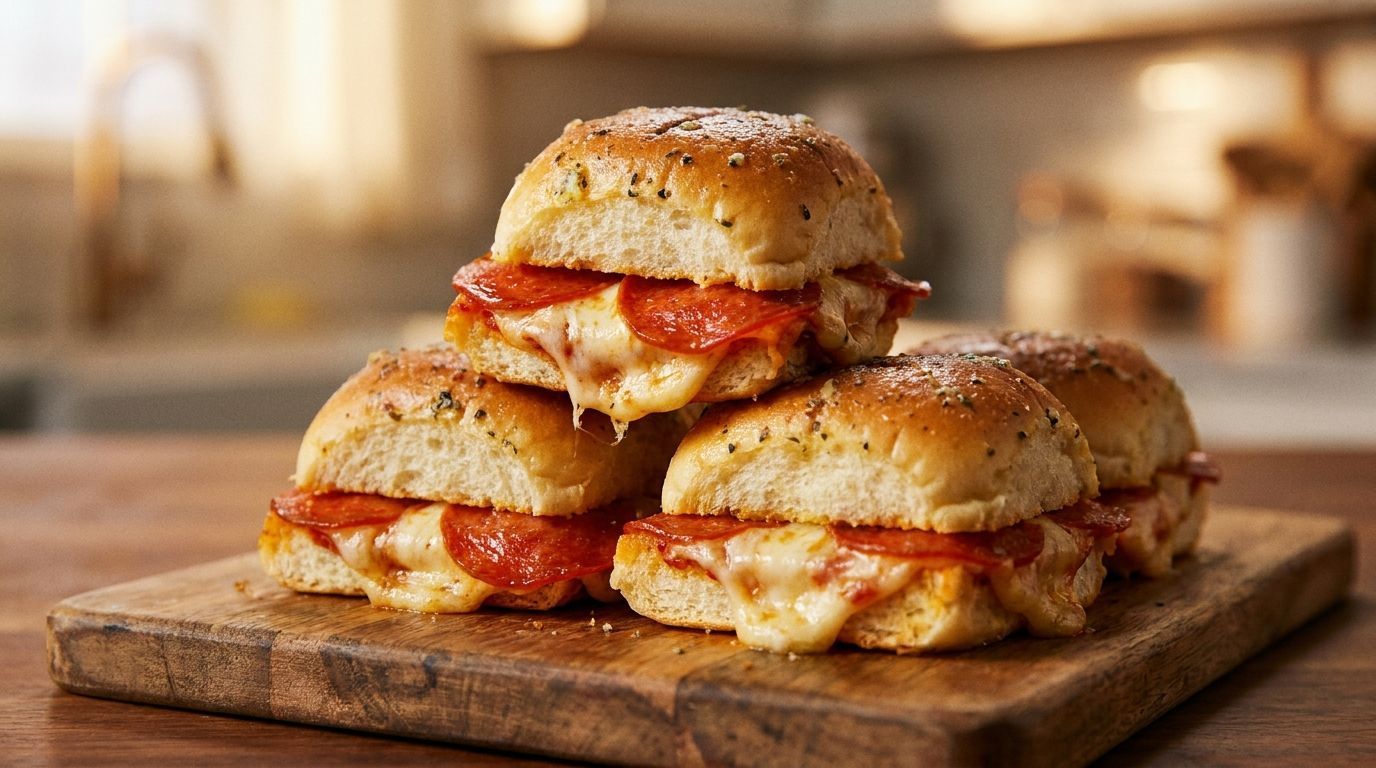 Stacked grilled cheese sandwiches on a wooden board, with melted cheese and tomato filling in a warm kitchen setting
