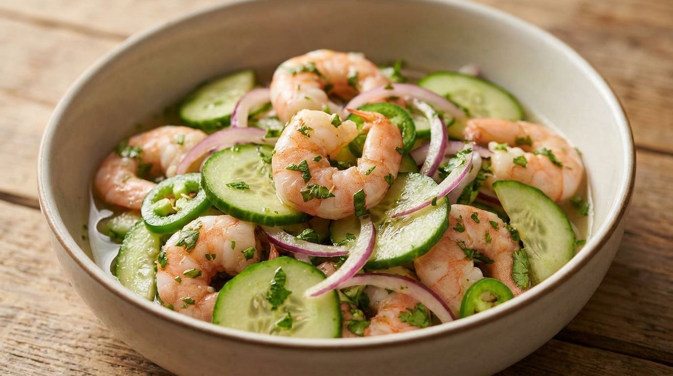 Shrimp cucumber salad with red onion and herbs in a shallow bowl on a wooden table