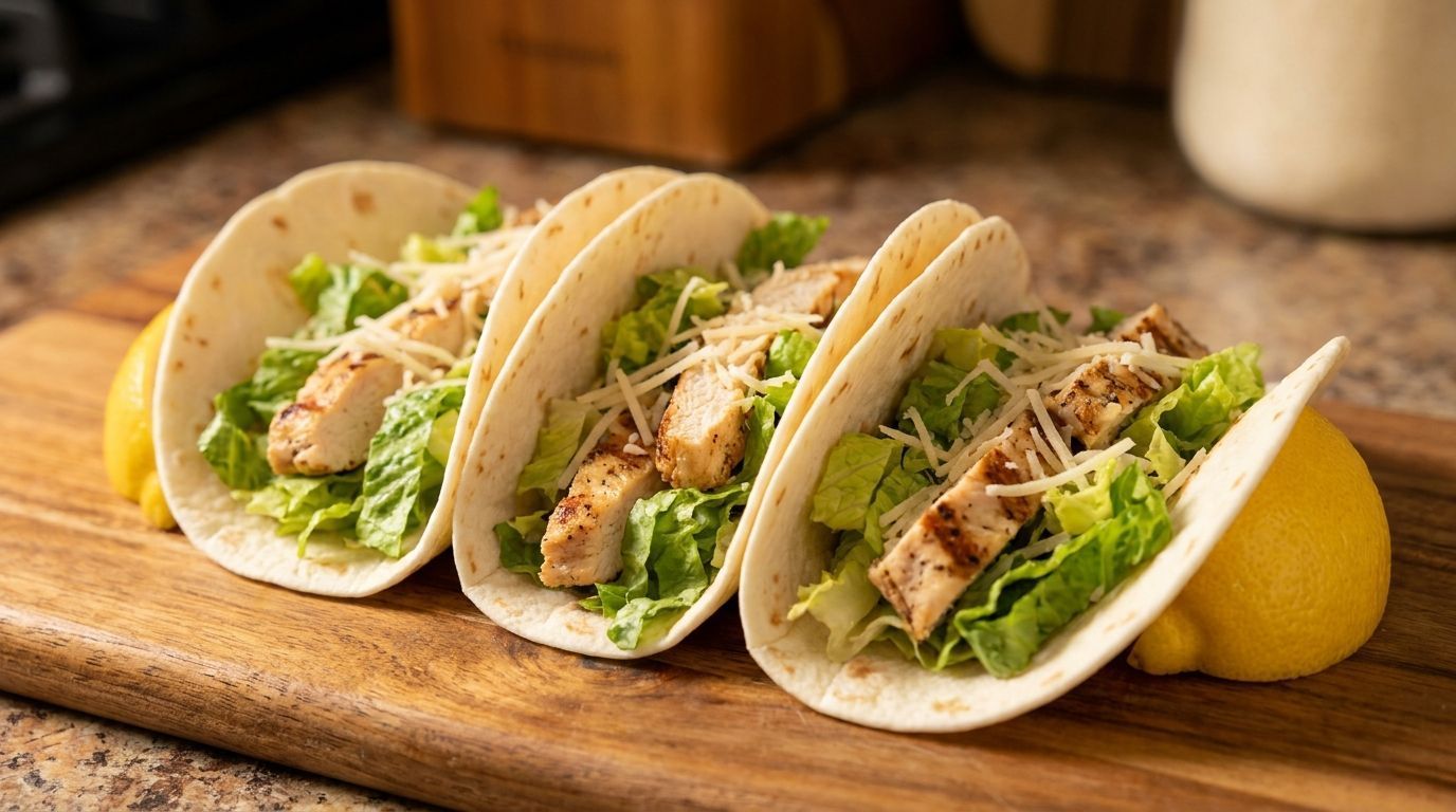 Three chicken tacos with lettuce on a wooden board, garnished with lime wedges