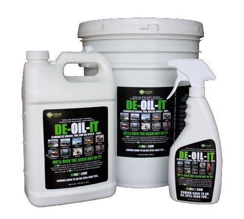 Three bottles of de-oil-it are sitting next to each other on a white surface.