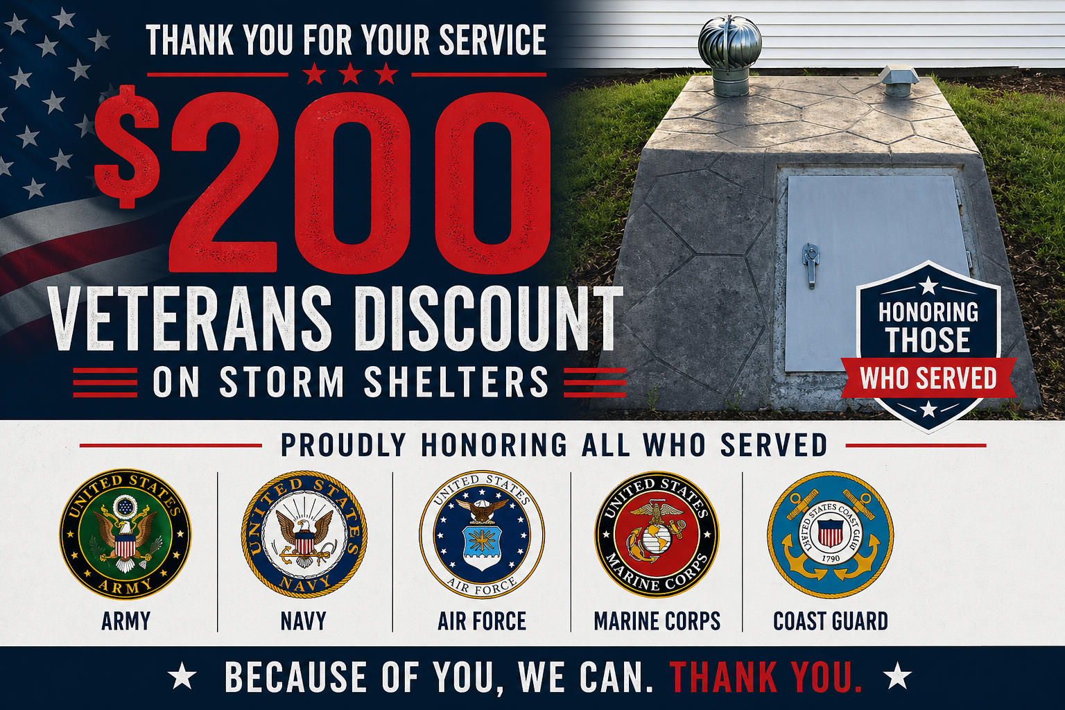 $200 veterans discount on storm shelters from M&D Enterprises