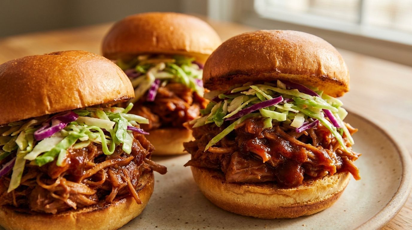 Three pulled-pork sliders with lettuce on a plate, topped with barbecue sauce.