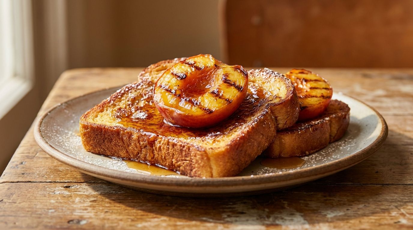Toast topped with caramelized banana slices on a rustic plate on a wooden table
