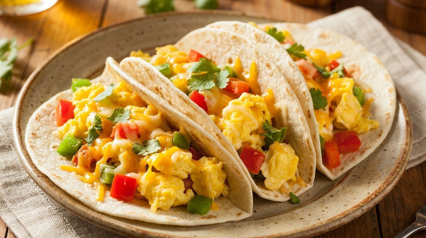 Three soft tacos filled with scrambled eggs, red peppers, and avocado on a plate
