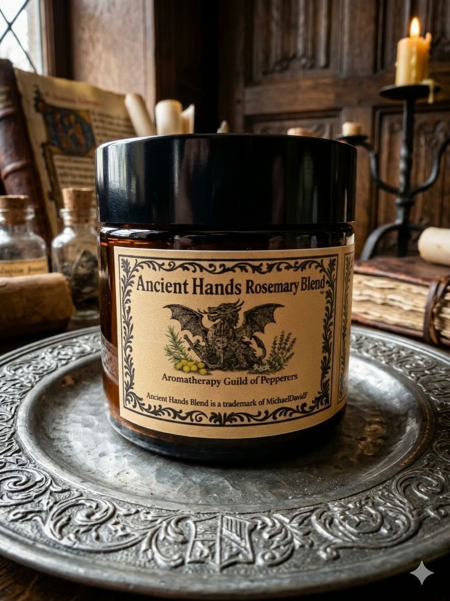 Candle jar labeled “Ancient Hands Rosemary” on a decorative silver tray in a rustic room