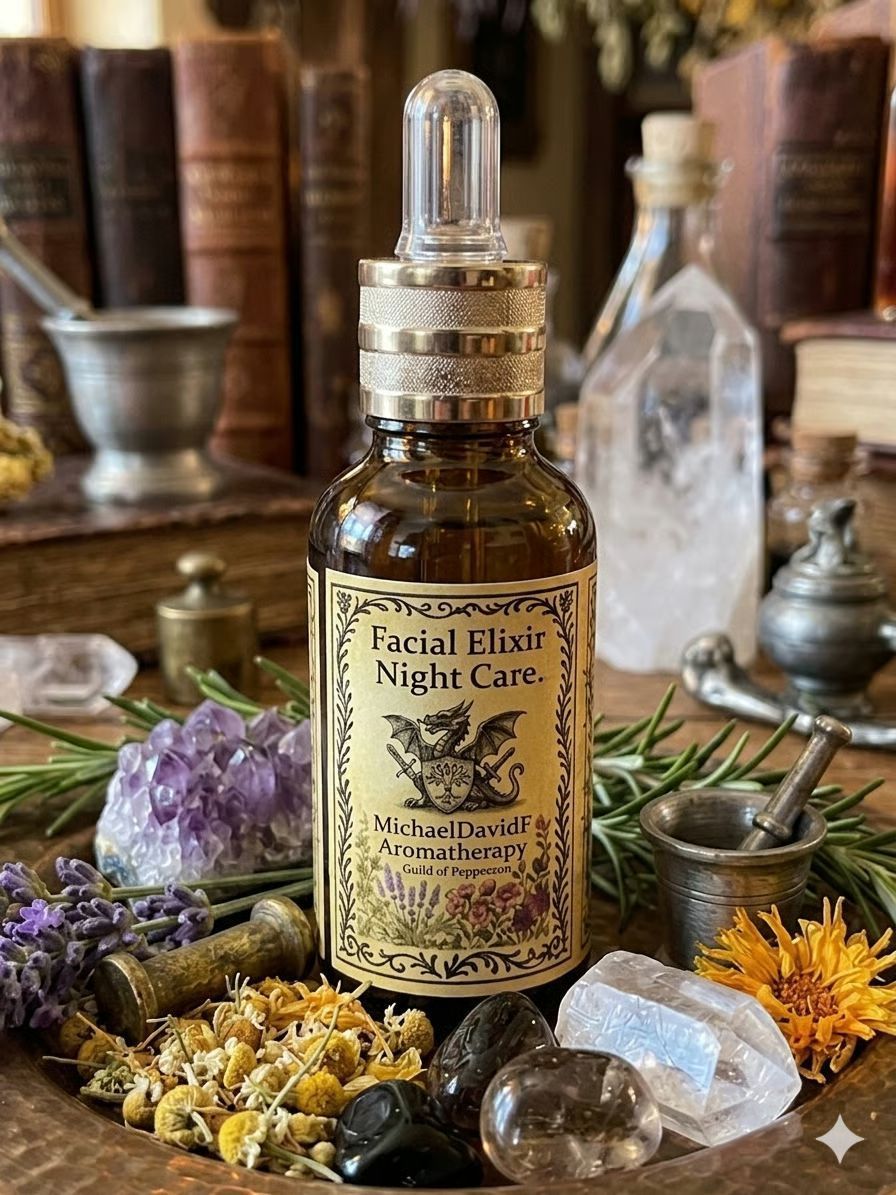 Amber herbal oil bottle surrounded by dried flowers, crystals, and apothecary items on a rustic table