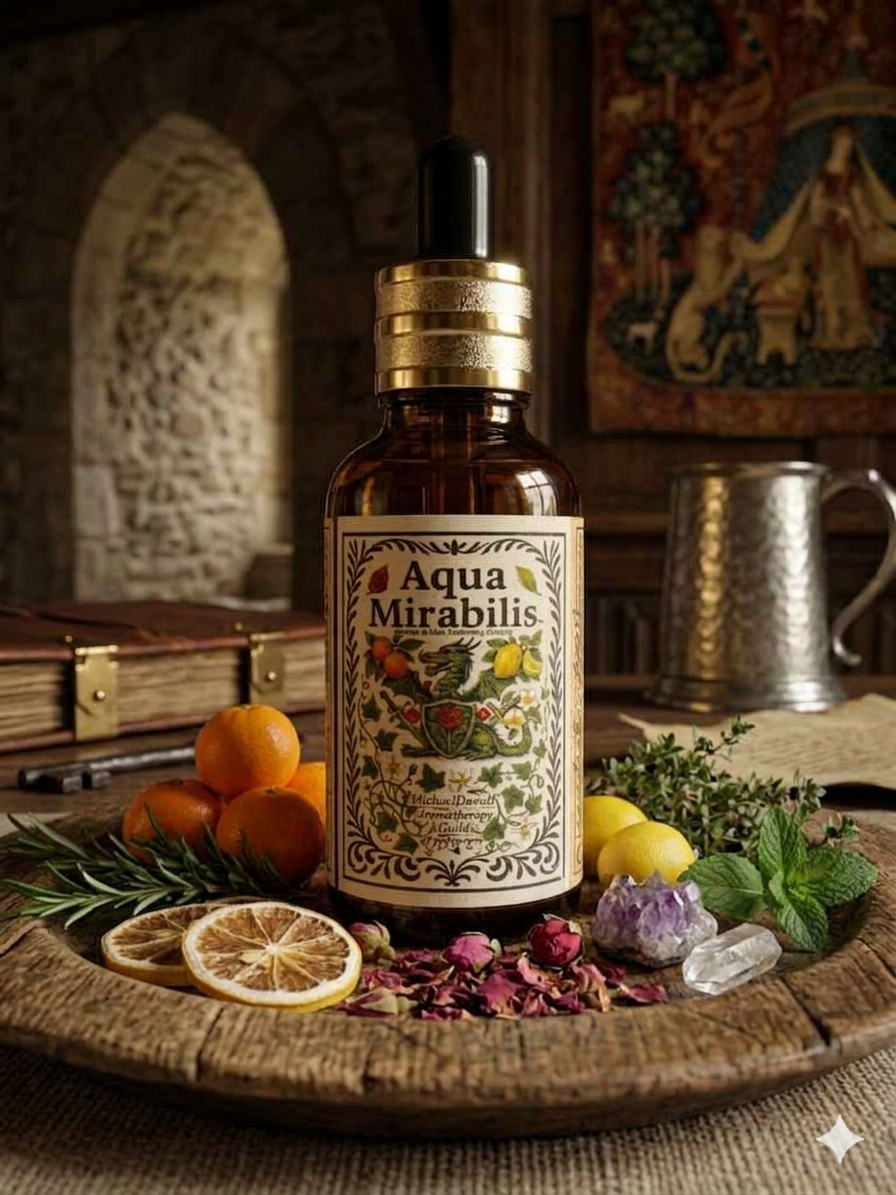 Bottle of Aqua Mirabilis with dried citrus, herbs, and flowers on a rustic wooden table in a dim stone room