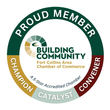 Building Community Fort Collins Area Chamber of Commerce member badge with green, gold, and red ring text
