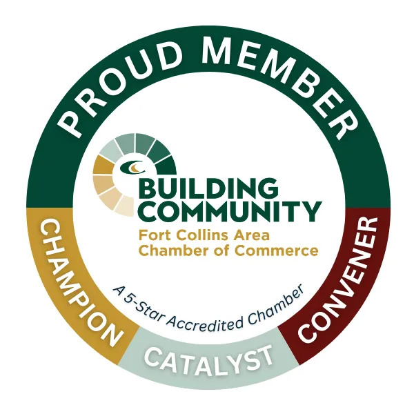Building Community Fort Collins Area Chamber of Commerce member badge with green, gold, and red ring text