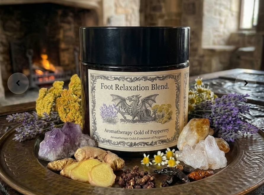 Foot Relaxation Blend jar with dried lavender, crystals, and flowers on a decorative tray by a fireplace