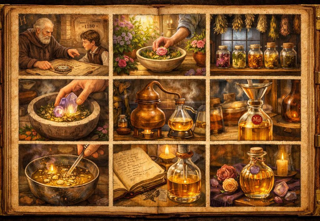 Vintage collage of alchemy scenes: glowing potions, hands stirring herbs, glass bottles, and a spellbook in warm amber tones