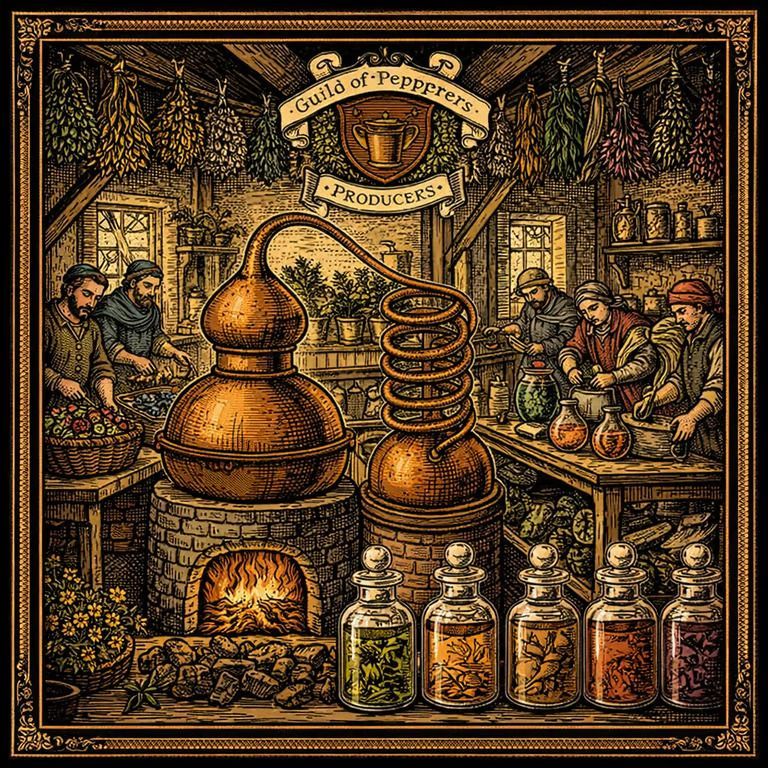 Vintage illustration of a copper distillery with shelves, bottles, and a fire-lit hearth, labeled “Producers”