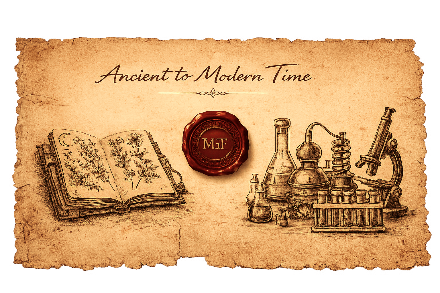 Ancient to Modern Times parchment banner with old book, wax seal, and skyline landmarks