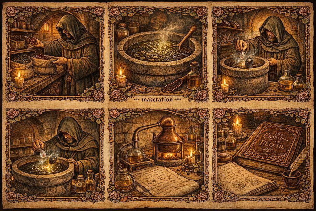 Sepia-toned 6-panel illustration of a person working with bowls, a basin, and a chair in rustic scenes