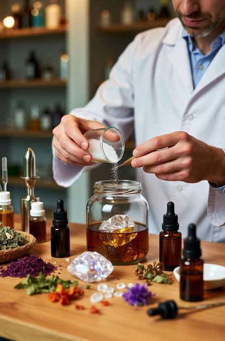 Scientist pouring powder into a jar of herbs, oils, and crystals on a wooden table