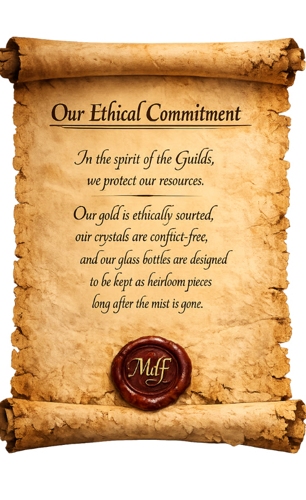 Parched parchment scroll with “Our Ethical Commitment” text and a red wax seal against a tan background