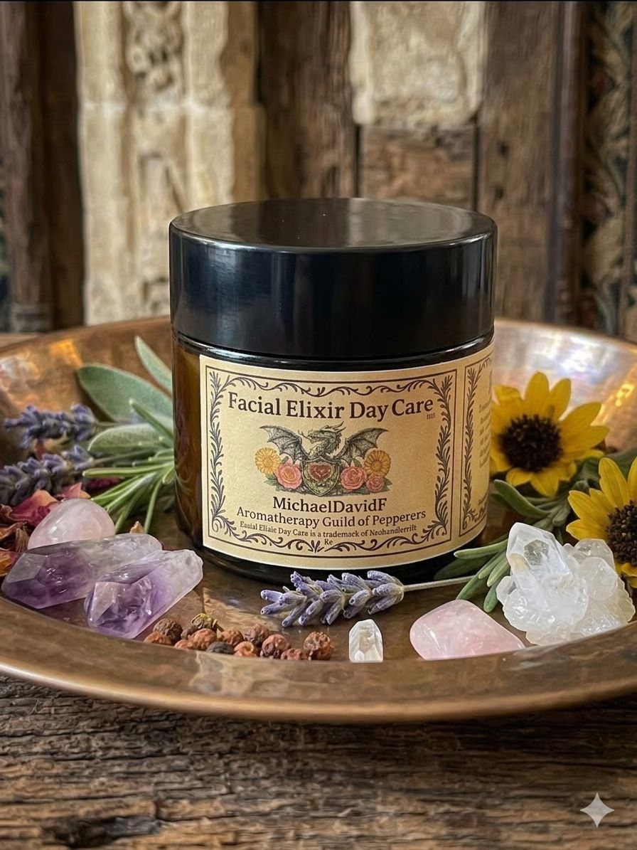 Lavender floral facial mist jar on a wooden tray with crystals, sage, and dried flowers