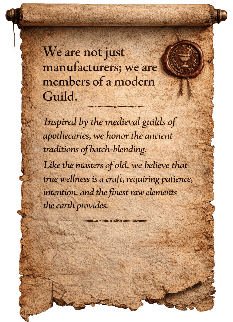 A parchment scroll with a Guild-style message and seal, aged brown with torn edges.