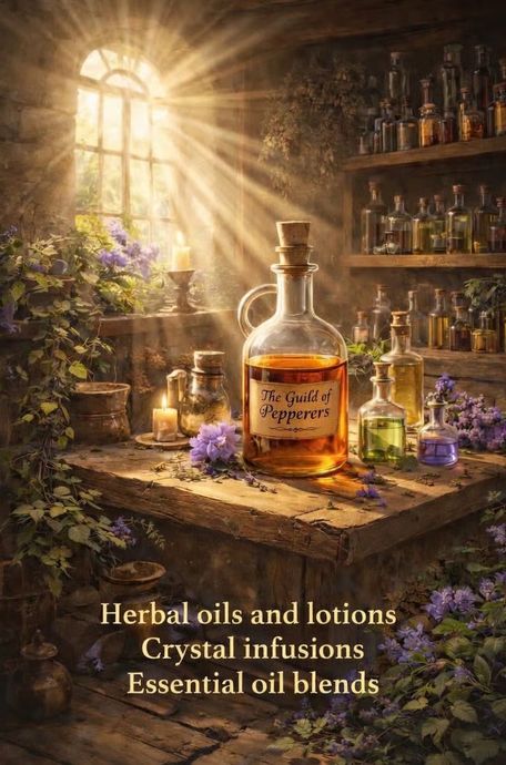Amber apothecary bottle with herbs and flowers in warm sunlight; text: herbal oils, crystal infusions, essential oil blends