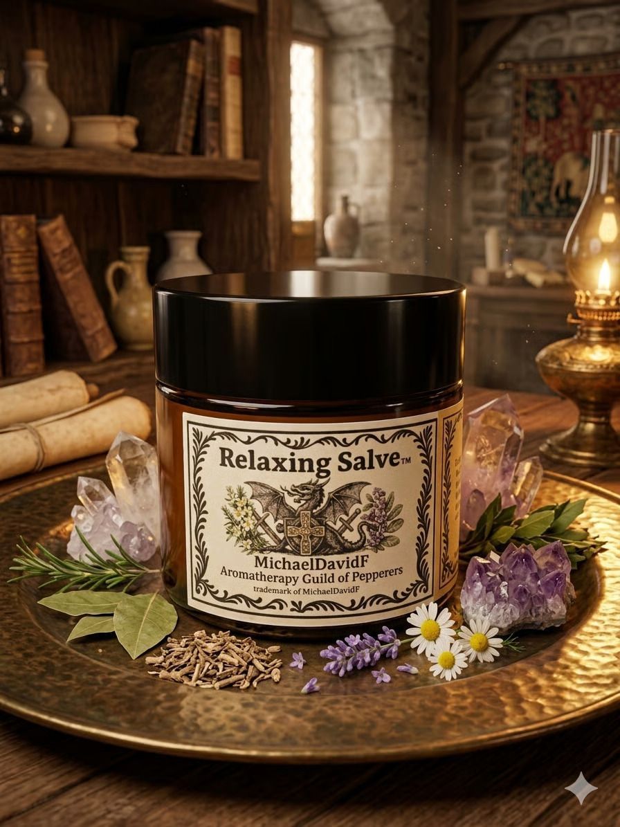 Relaxing Salve jar on a woven tray with purple flowers in a rustic apothecary setting