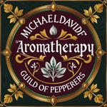 Maroon and gold ornamental badge reading &ldquo;Michael David Aromatherapy&rdquo; and &ldquo;Guild of Pepperers&rdquo; with floral motifs