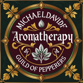 Maroon and gold ornamental badge reading &ldquo;Michael David Aromatherapy&rdquo; and &ldquo;Guild of Pepperers&rdquo; with floral motifs