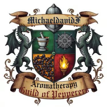 Herbal crest with dragon, mortar and pestle, herbs, and fire; banner reads “Michael and F” and “Aromatherapy Guild of Peppercorn”