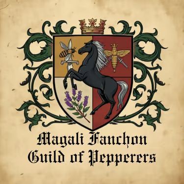 Mayali Fauchon Guild of Pepperers crest with black horse, peppers, and ornate green border