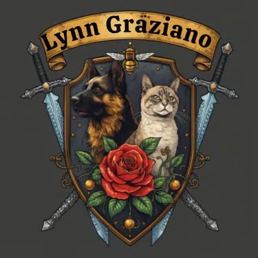 Lynn Graziiano crest with a dog, cat, red rose, and crossed swords on a dark shield