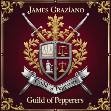 Maroon guild crest with gold leaves, crossed swords, balance scales, and the name James Graziano.