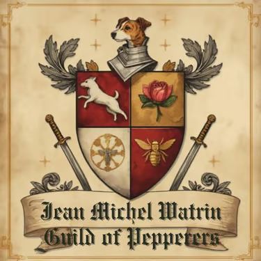 Heraldic guild crest reading “Jean Michel Watrin” and “Guild of Pepperers,” with sword, rose, and bee symbols